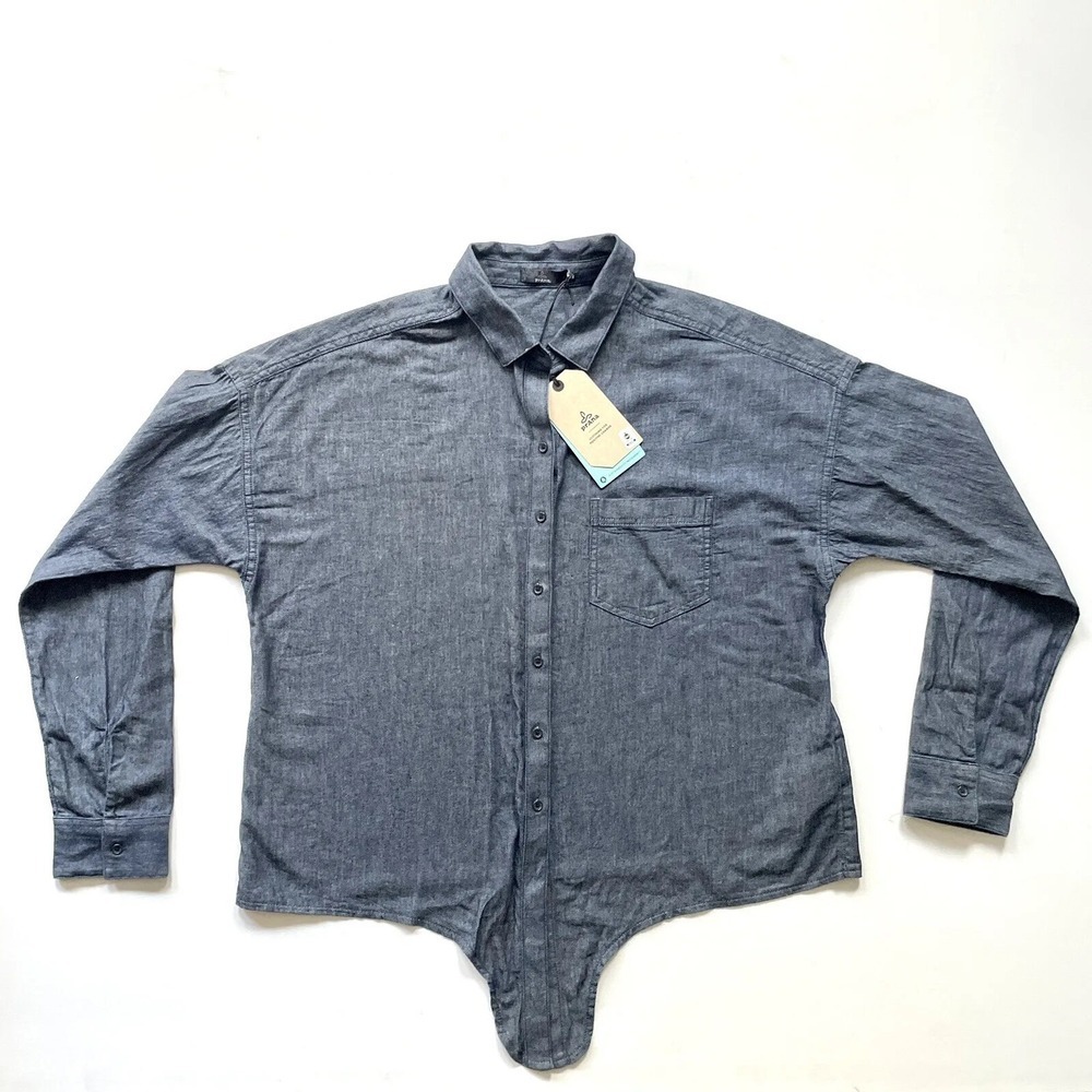 PrAna EDIZA Top Women's Medium Gray Long Sleeve Tie Front Button Up Denim NWT